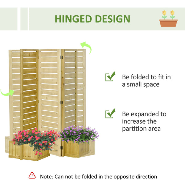 Outsunny Freestanding Outdoor Privacy Screen, 4 Self-Draining Planters / Raised Garden Beds, 3 Hinged Panels for Hot Tub, Patio, Backyard, Deck, Natural