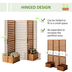 Freestanding Outdoor Privacy Screen, 4 Self-Draining Planters / Raised Garden Beds, 3 Hinged Panels for Hot Tub, Patio, Backyard, Deck, Natural