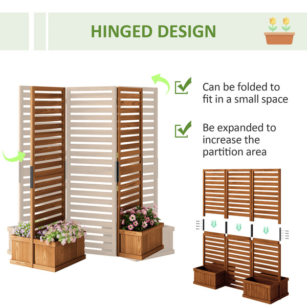 Freestanding Outdoor Privacy Screen, 4 Self-Draining Planters / Raised Garden Beds, 3 Hinged Panels for Hot Tub, Patio, Backyard, Deck, Natural