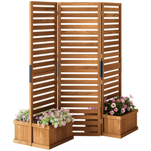 Freestanding Outdoor Privacy Screen, 4 Self-Draining Planters / Raised Garden Beds, 3 Hinged Panels for Hot Tub, Patio, Backyard, Deck, Natural