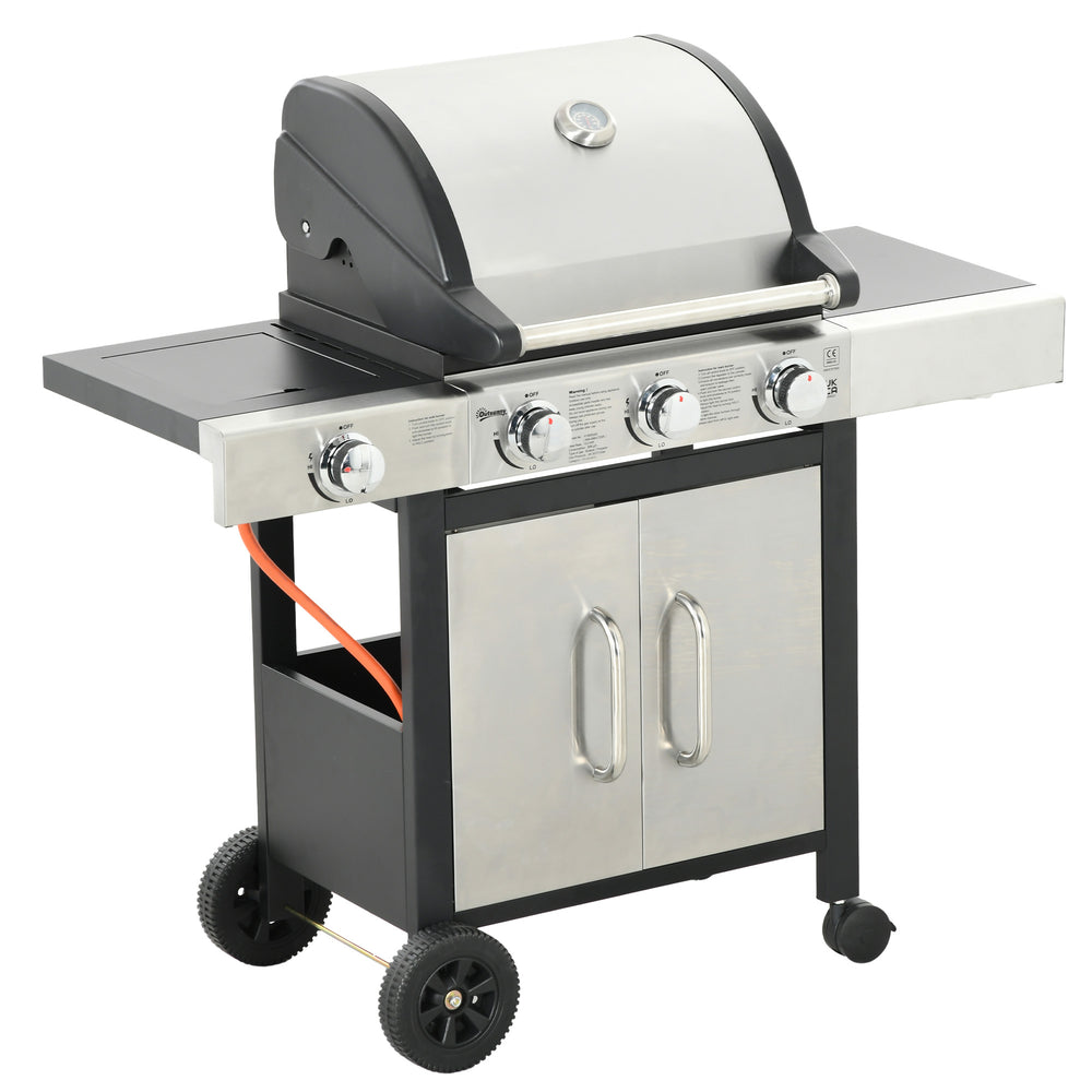 Gas Barbecue Grill 3+1 Burner Garden Smoker BBQ Trolley w/ Side Burner Warming Rack Side Shelves Storage Cabinet Piezo Ignition Thermometer Stainless Steel + Metal