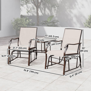 Double Patio Glider Chair with Glass Top Center Table, Outdoor Glider Loveseat with High Back,  All Weather Breathable Mesh Fabric for Garden, Backyard, Deck, Beige