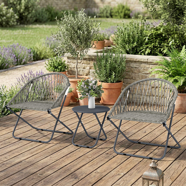 3 Pieces Patio Bistro Set, Folding Garden Furniture Set for 2 with Metal Top Coffee Table and Rattan Chairs for Outdoor, Balcony, Grey