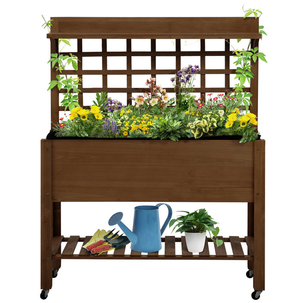 Outsunny 41" Raised Garden Bed with Trellis on Wheels, Wooden Elevated Planter Box with Legs and Bed Liner, for Flowers, Herbs & Vegetables, Dark Brown