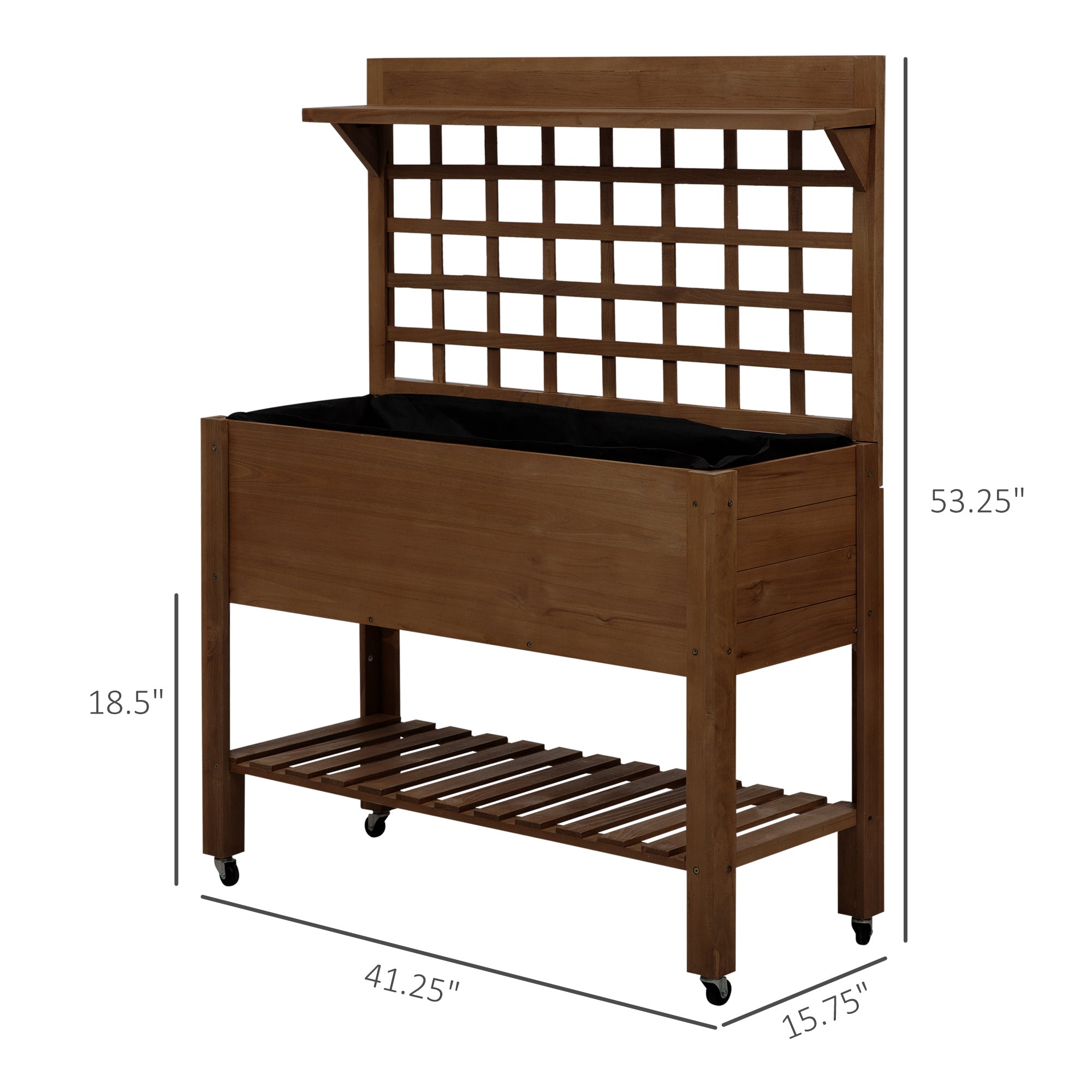 wheeled planter with trellis Outsunny Raised Garden Bed with Wheels Trellis Storage Shelf Wooden Planter Box Dark Brown
