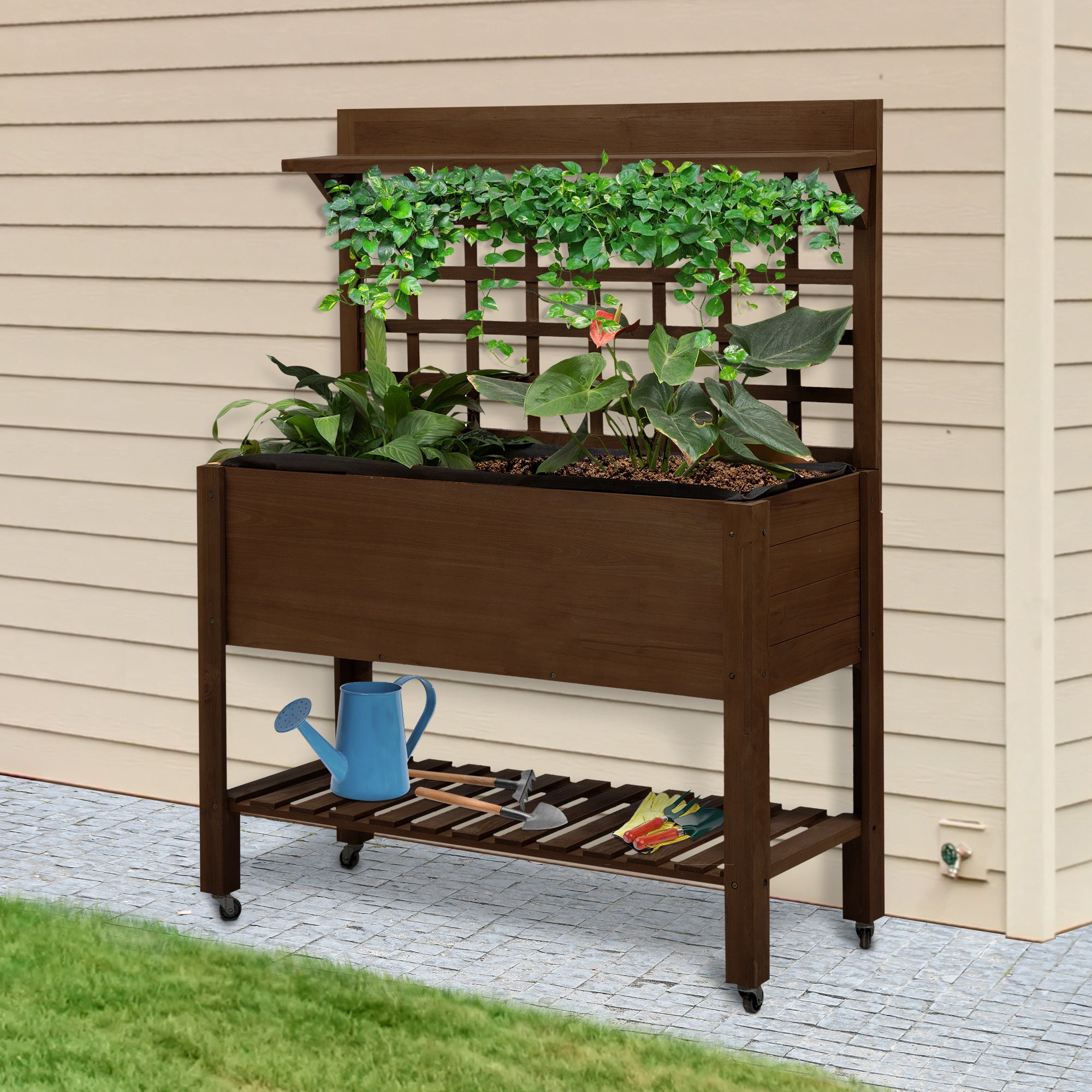trellis planter on wheels Outsunny Raised Garden Bed with Wheels Trellis Storage Shelf Wooden Planter Box Dark Brown