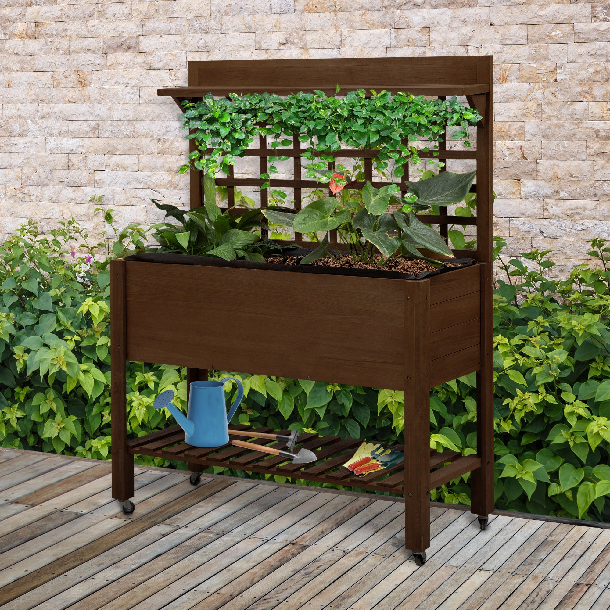 pallet planter with trellis Outsunny Raised Garden Bed with Wheels Trellis Storage Shelf Wooden Planter Box Dark Brown