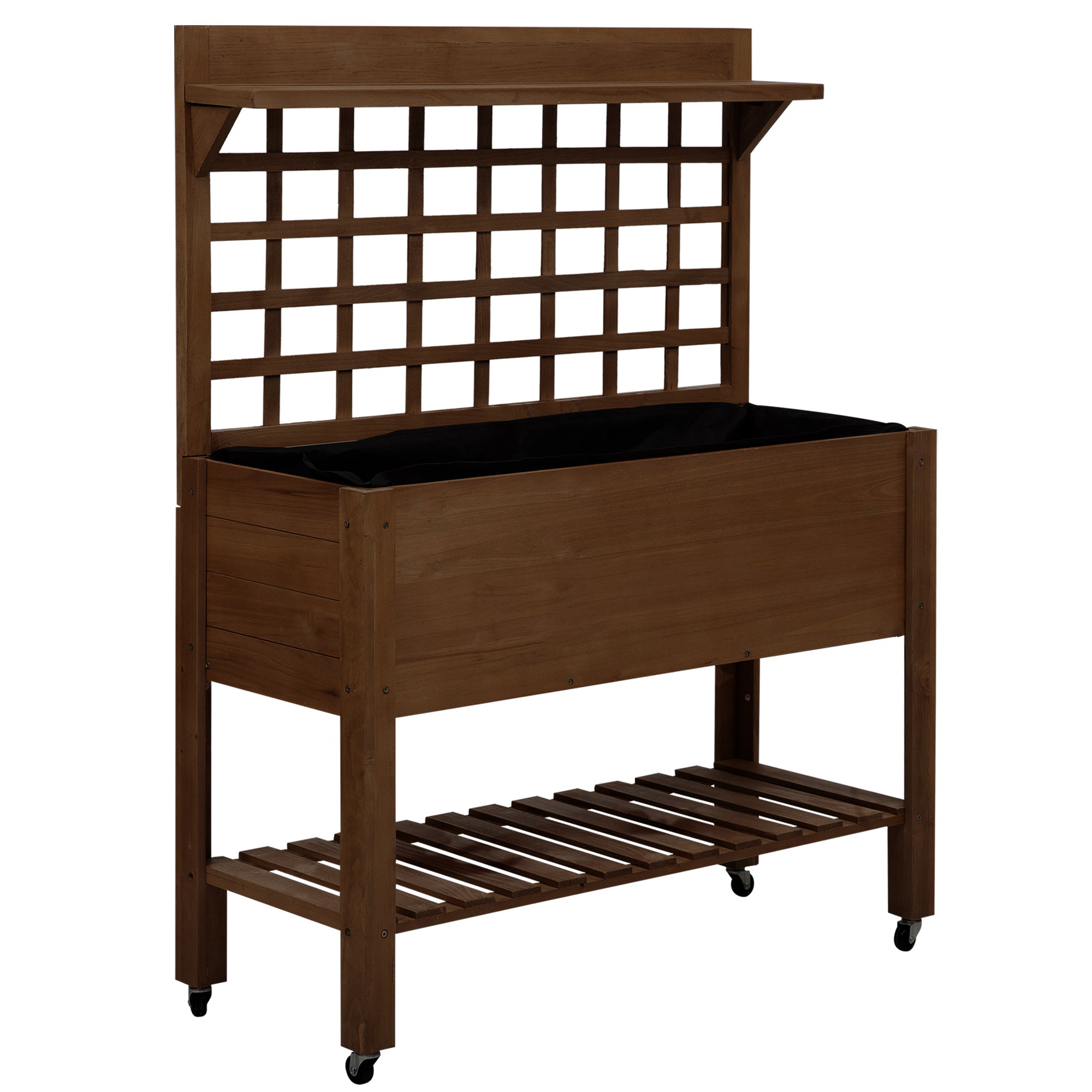 trellis planter box on wheels Outsunny Raised Garden Bed with Wheels Trellis Storage Shelf Wooden Planter Box Dark Brown