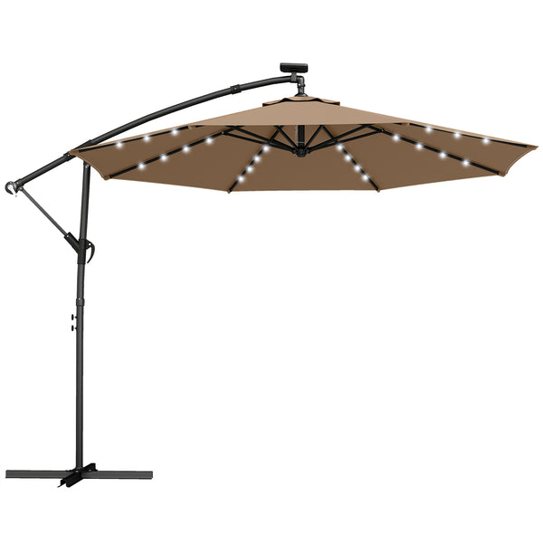 9.7 ft Cantilever Patio Umbrella with Solar LED Light, Cover, Round Offset Hanging Outdoor Umbrella Parasol with Tilt and Crank Handle, Khaki