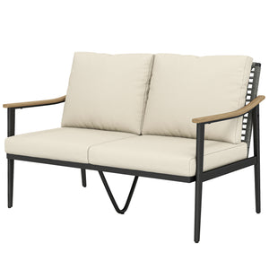 2 Seater Rattan Sofa, Outdoor Garden Sofa with Wood-Effect Armrests, PE Rattan Garden Furniture with Cushions, Steel Frame for Porch, Patio, Balcony, Khaki