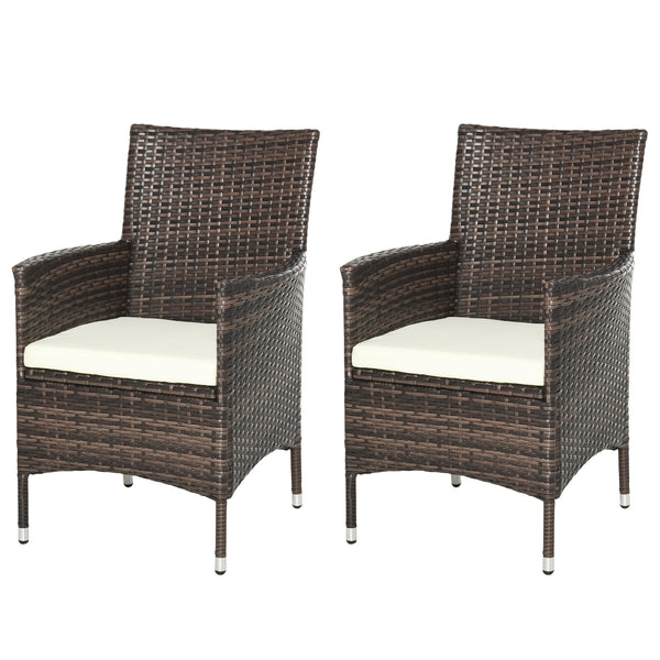 2 Pieces Outdoor PE Rattan Dining Chairs Set with Cushion, Garden Armchair with Armrests, High Backrest, Metal Frame Patio Wicker Furniture, Mixed Brown