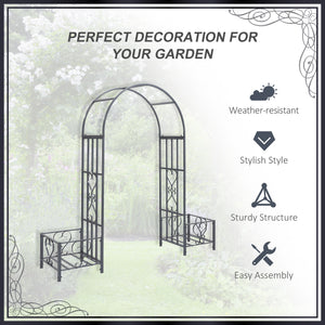 Outsunny 6.7' Steel Garden Arch Arbor with Scrollwork Hearts, Planter Boxes for Climbing Vines, Ceremony, Weddings, Party, Backyard, Lawn, Dark Gray