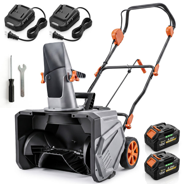 40V 18" Cordless Snow Blower with PU Auger, 1400W Brushless Motor, 12" Depth, Includes Two 4.0Ah Batteries & Fast Charger, 21.3ft Max Throw Distance, 180° Rotatable Chute, Wheels for Driveway