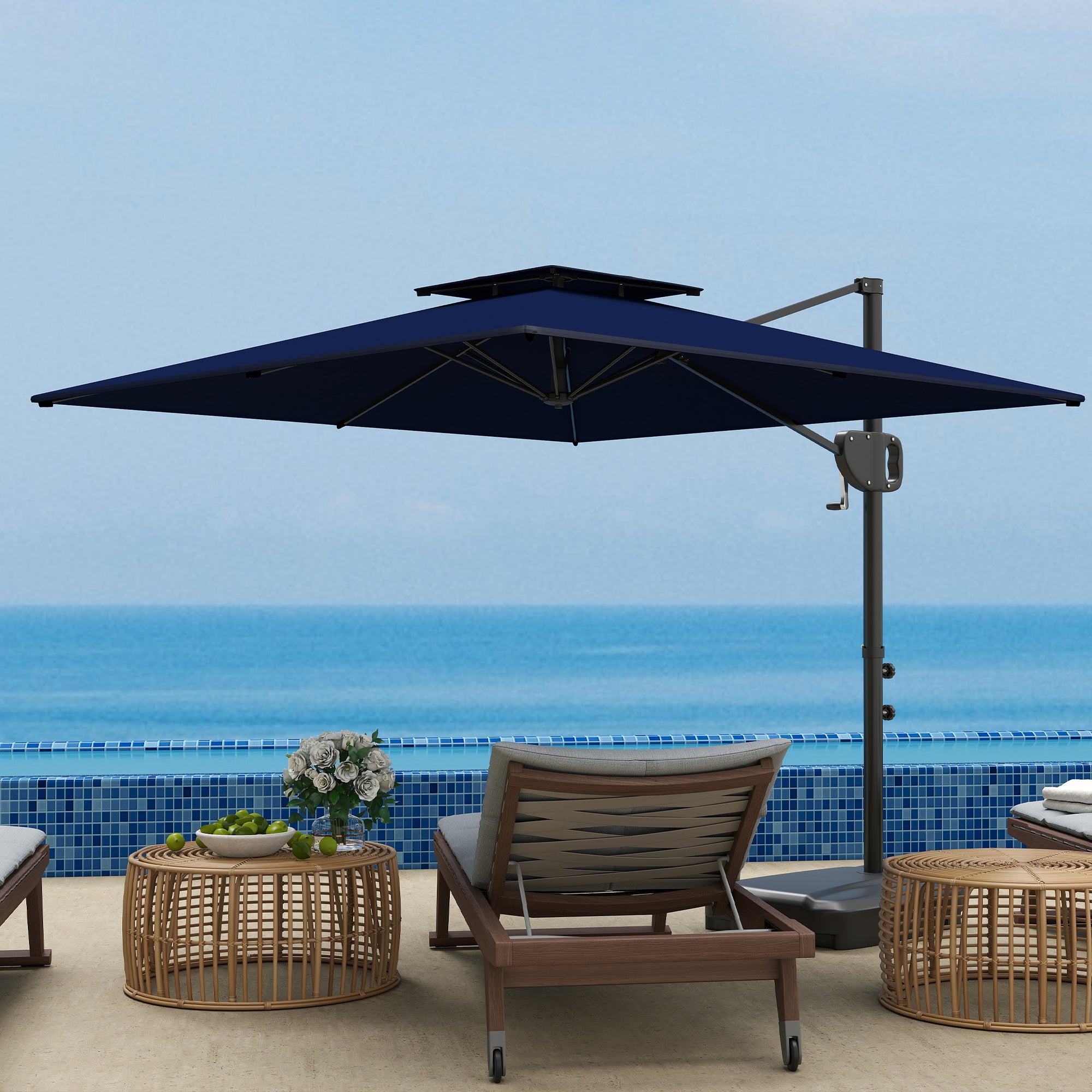 blue square patio umbrella canvas offset Outsunny 8' x 9' Square Cantilever Patio Umbrella with Fillable Base, Dark Blue