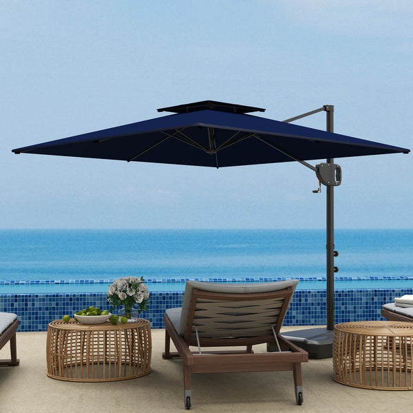 8' x 9' Square Cantilever Patio Umbrella with Fillable Base, Double Top Patio Hanging Offset Umbrella, Outdoor Cantilever Parasol with Crank & Tilt, Dark Blue