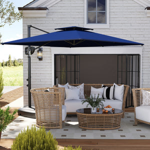 8' x 9' Square Cantilever Patio Umbrella with Fillable Base, Double Top Patio Hanging Offset Umbrella, Outdoor Cantilever Parasol with Crank & Tilt, Dark Blue