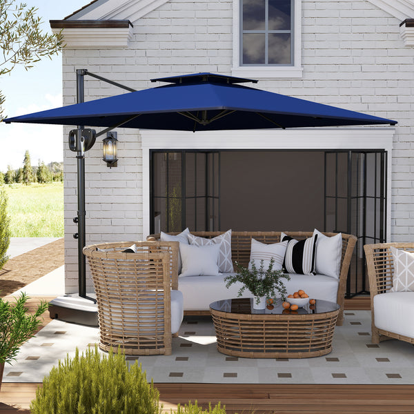 8' x 9' Square Cantilever Patio Umbrella with Fillable Base, Double Top Patio Hanging Offset Umbrella, Outdoor Cantilever Parasol with Crank & Tilt, Dark Blue