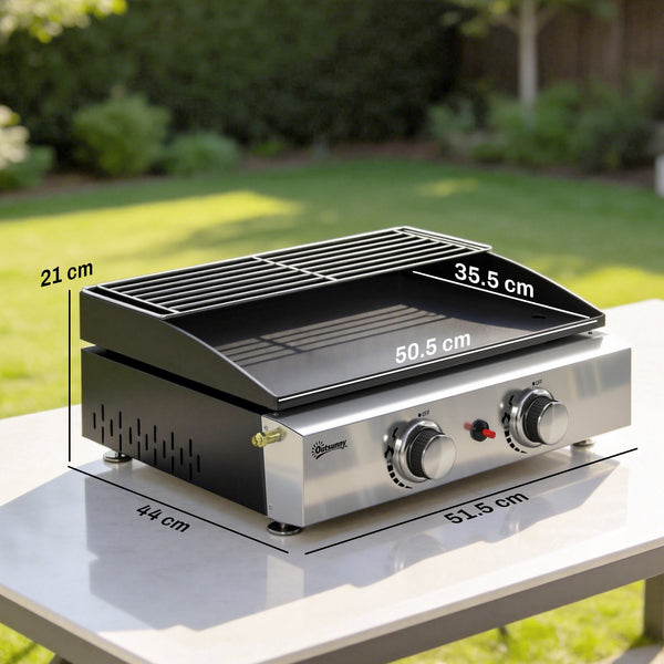 2 Burner Grill Griddle, Portable Gas Plancha with Warming Rack, 5 kW, Tabletop Gas BBQ with Grease Cup for Camping Picnic Patios, Black