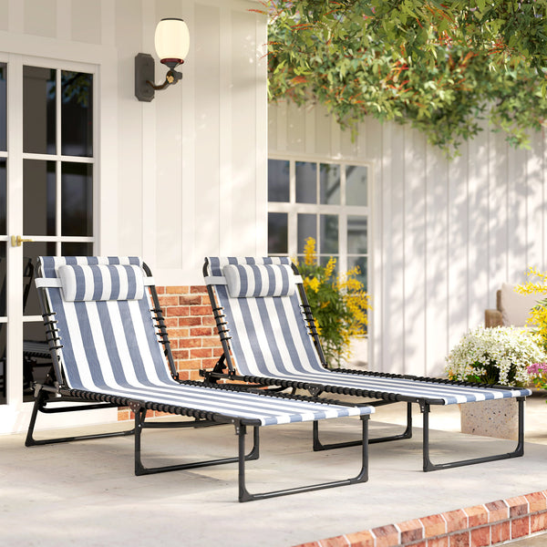 Folding Chaise Lounge Chair Set of 2, Patio Sun Tanning Chair, Outdoor Chaise Lounger with 4-Position Reclining Back, Breathable Mesh Seat for Beach, Poolside, Yard, Blue and White