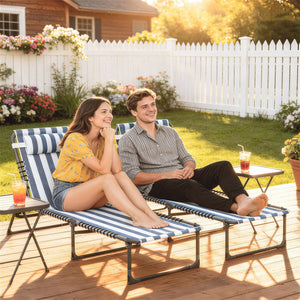 Folding Chaise Lounge Chair Set of 2, Patio Sun Tanning Chair, Outdoor Chaise Lounger with 4-Position Reclining Back, Breathable Mesh Seat for Beach, Poolside, Yard, Blue and White