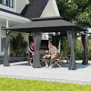  10' x 13' Patio Gazebo, Double Roof Outdoor Gazebo Canopy Shelter with Curtains, Solid Metal Frame for Garden, Lawn, Backyard and Deck, Grey