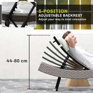 Rattan Sun Lounger, 5 Position Adjustable Garden Lounger Recliner with S Shaped Texteline Seat and Headrest, Reclining Outdoor Sunbed with Metal Frame for Patio, Terrace, Cream White