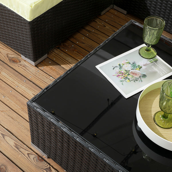 7 Pieces PE Rattan Garden Furniture Set with Thick Padded Cushion, Patio Garden Corner Sofa Sets with Glass Coffee Table and Pillows, Buckle Structure, Black