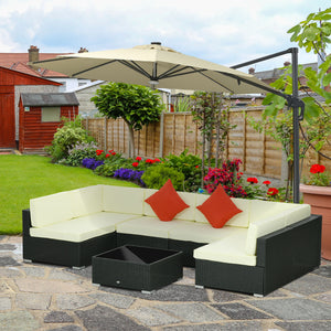 7 Pieces PE Rattan Garden Furniture Set with Thick Padded Cushion, Patio Garden Corner Sofa Sets with Glass Coffee Table and Pillows, Buckle Structure, Black