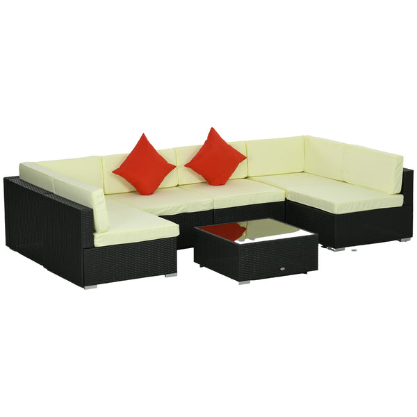7 Pieces PE Rattan Garden Furniture Set with Thick Padded Cushion, Patio Garden Corner Sofa Sets with Glass Coffee Table and Pillows, Buckle Structure, Black