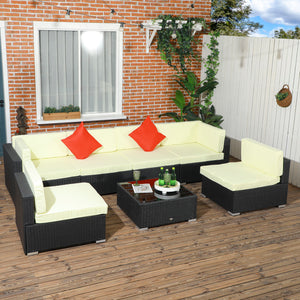 7 Pieces PE Rattan Garden Furniture Set with Thick Padded Cushion, Patio Garden Corner Sofa Sets with Glass Coffee Table and Pillows, Buckle Structure, Black