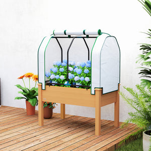 Raised Garden Bed with PE Greenhouse Cover Outdoor Elevated Wood Planter Box for Herbs and Vegetables, Use for Patio, Backyard, Balcony, 35 x 22 x 47 inch, Sand