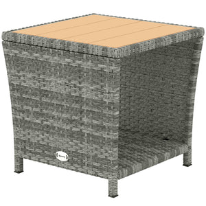 2-Tier PE Rattan Side Table with Storage Shelf, Square Outdoor Coffee Table with PS Wood Slat Top, UV-Resistant for Patio, Garden, Balcony, Light Grey
