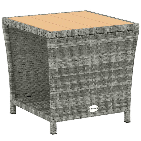 2-Tier PE Rattan Side Table with Storage Shelf, Square Outdoor Coffee Table with PS Wood Slat Top, UV-Resistant for Patio, Garden, Balcony, Light Grey