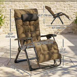 Reclining Zero Gravity Chair with Adjustable Backrest, Folding Garden Sun Lounger, Outdoor Recliner with Removable Cushion and Headrest, 2 Pieces, Khaki