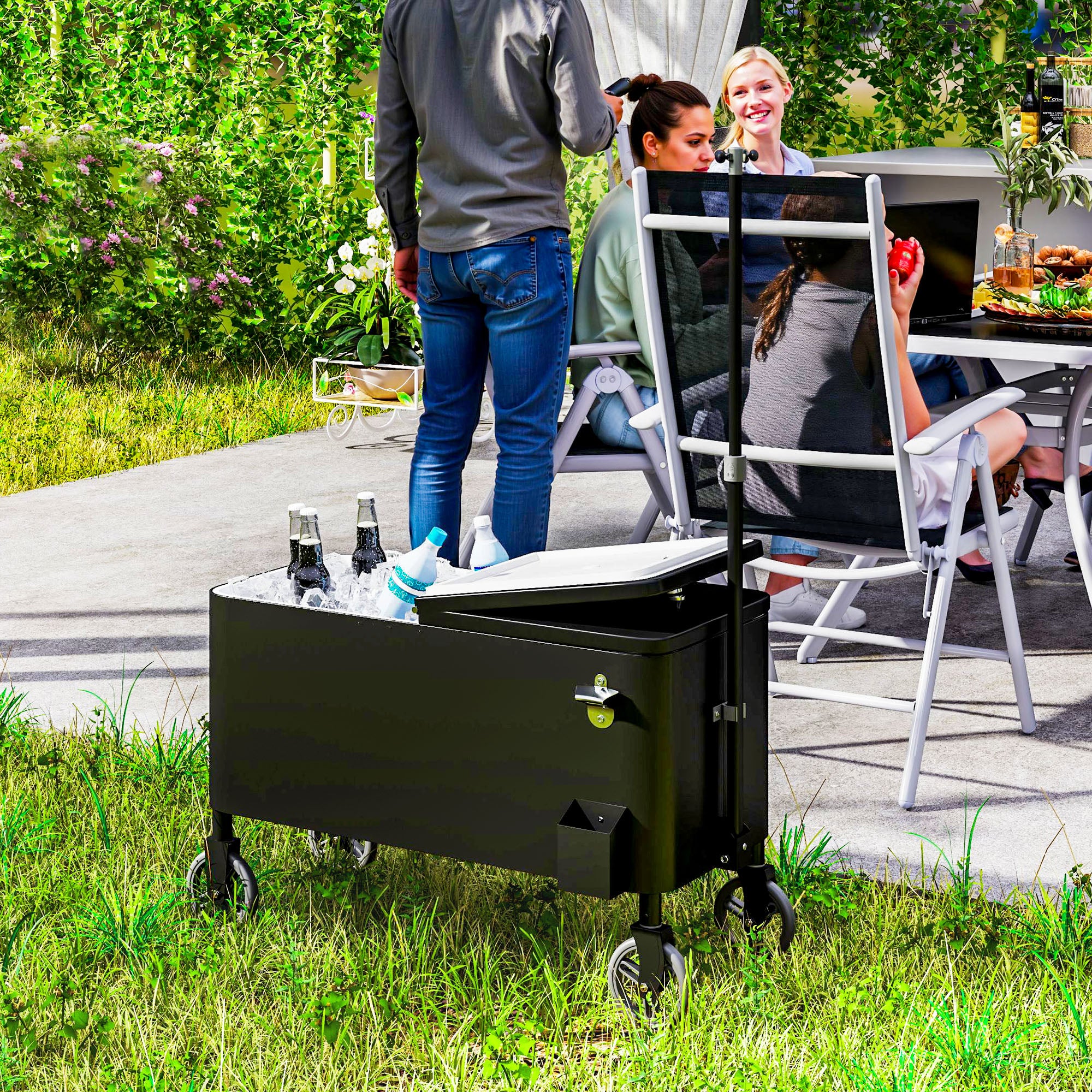 Outsunnny 80-Qt Outdoor Patio Cooler Cart, Rolling Ice Chest with