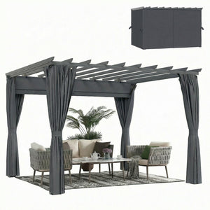 3.6 x 3 m Pergola with Retractable Roof Canopy and Curtains, Aluminium Frame Garden Pergola Gazebo Sun Shade Shelter for Grill, Patio, Deck, Dark Grey