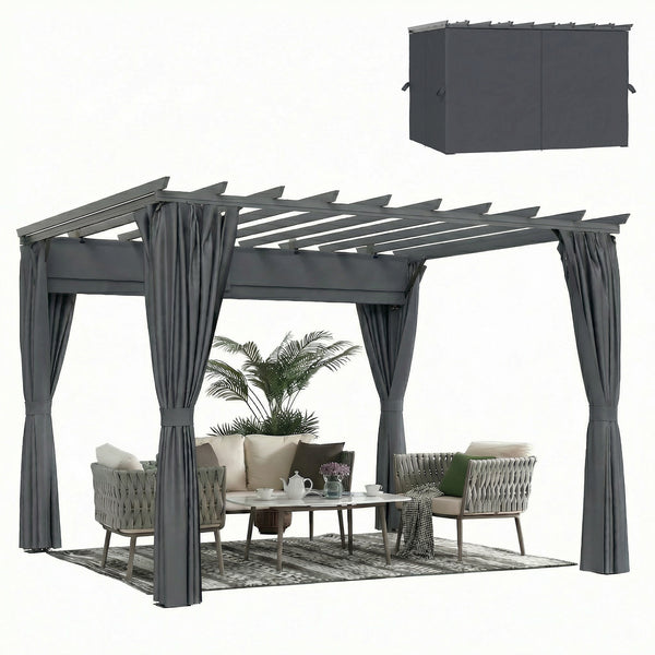 3.6 x 3 m Pergola with Retractable Roof Canopy and Curtains, Aluminium Frame Garden Pergola Gazebo Sun Shade Shelter for Grill, Patio, Deck, Dark Grey