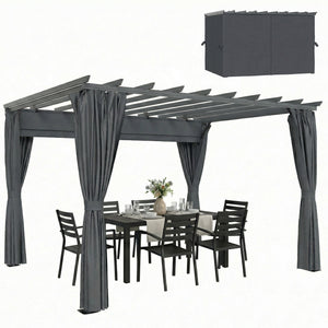 3.6 x 3 m Pergola with Retractable Roof Canopy and Curtains, Aluminium Frame Garden Pergola Gazebo Sun Shade Shelter for Grill, Patio, Deck, Dark Grey