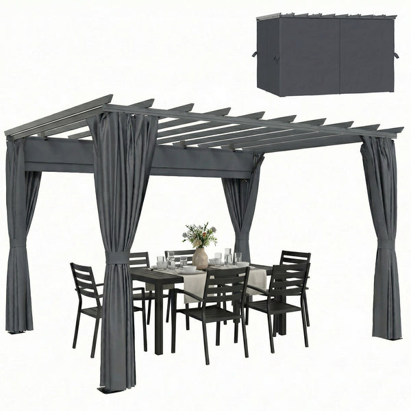 3.6 x 3 m Pergola with Retractable Roof Canopy and Curtains, Aluminium Frame Garden Pergola Gazebo Sun Shade Shelter for Grill, Patio, Deck, Dark Grey