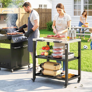 Outdoor Grill Cart with Stainless Steel Tabletop, 2 Shelves, Rolling Prep Dining Cart with Lockable Wheels, Bottle Opener, Pizza Oven Stand Table for Kitchen Prep, Black