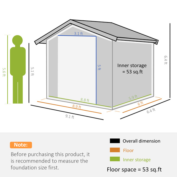 Outsunny 9' x 6' Outdoor Storage Shed, Garden Tool Metal Shed with Foundation Kit, Double Lockable Door, Air Vents and Sloping Roof, for Backyard, Patio, Lawn, Gray