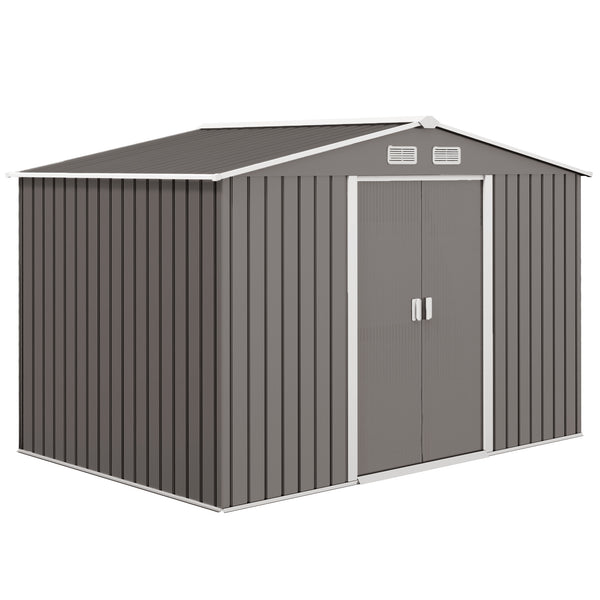 Outsunny 9' x 6' Outdoor Storage Shed, Garden Tool Metal Shed with Foundation Kit, Double Lockable Door, Air Vents and Sloping Roof, for Backyard, Patio, Lawn, Gray