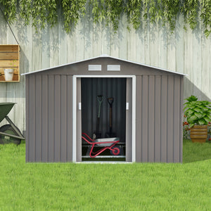 Outsunny 9' x 6' Outdoor Storage Shed, Garden Tool Metal Shed with Foundation Kit, Double Lockable Door, Air Vents and Sloping Roof, for Backyard, Patio, Lawn, Gray