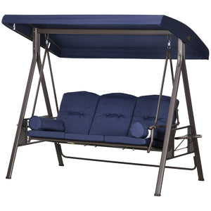 Outsunny 3-Seat Patio Swing Chair, Outdoor Porch Swing Glider with Adjustable Canopy, Removable Cushion, Pillows and Side Trays, for Garden, Poolside, Backyard, Dark Blue