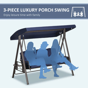 Outsunny 3-Seat Patio Swing Chair, Outdoor Porch Swing Glider with Adjustable Canopy, Removable Cushion, Pillows and Side Trays, for Garden, Poolside, Backyard, Dark Blue