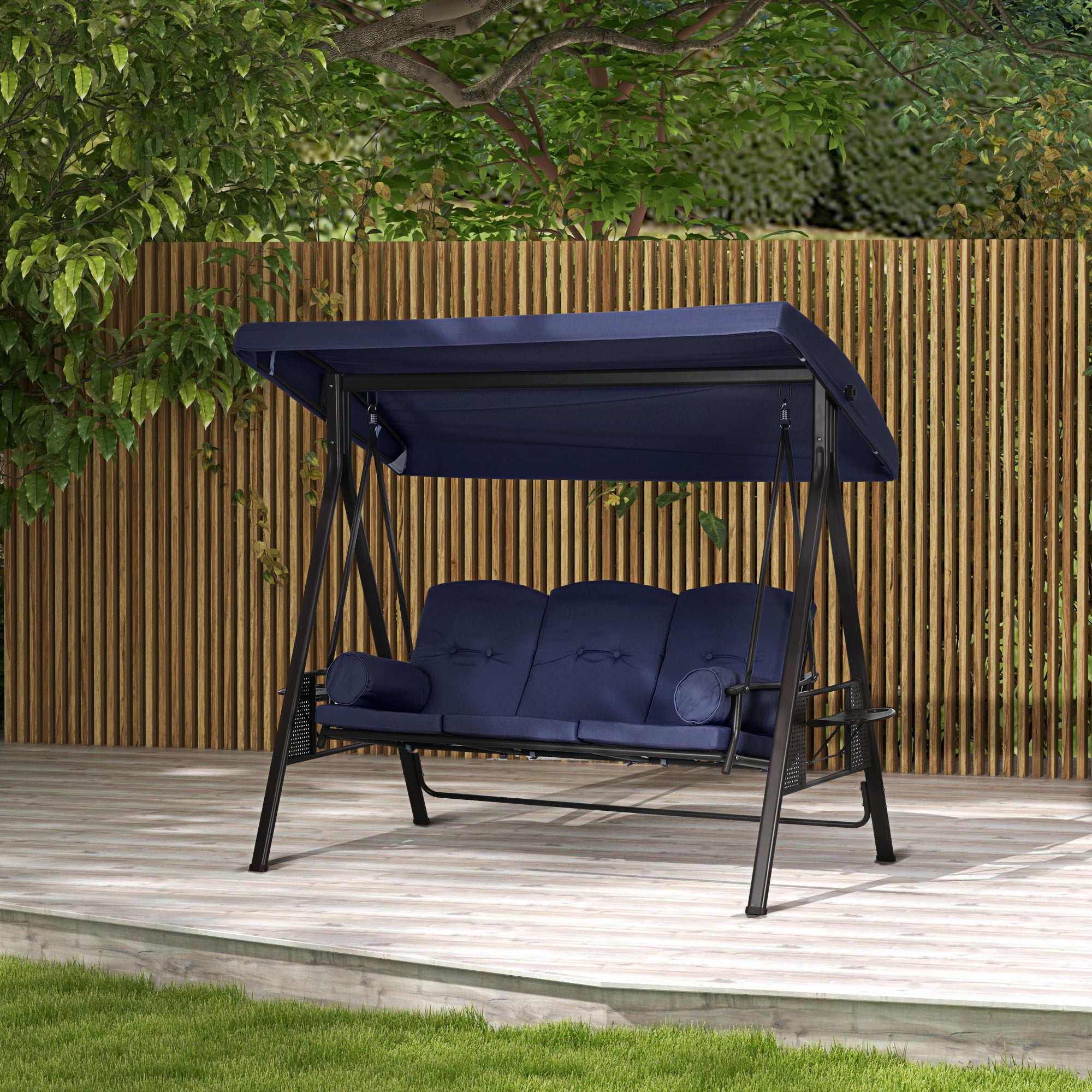 3-Person Outdoor Canopy Cushioned Swing Chair with Included Side Trays, Dark Blue