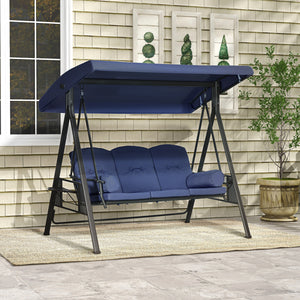 Outsunny 3-Seat Patio Swing Chair, Outdoor Porch Swing Glider with Adjustable Canopy, Removable Cushion, Pillows and Side Trays, for Garden, Poolside, Backyard, Dark Blue