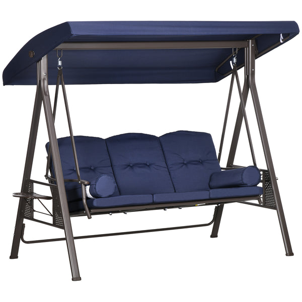 Outsunny 3-Seat Patio Swing Chair, Outdoor Porch Swing Glider with Adjustable Canopy, Removable Cushion, Pillows and Side Trays, for Garden, Poolside, Backyard, Dark Blue