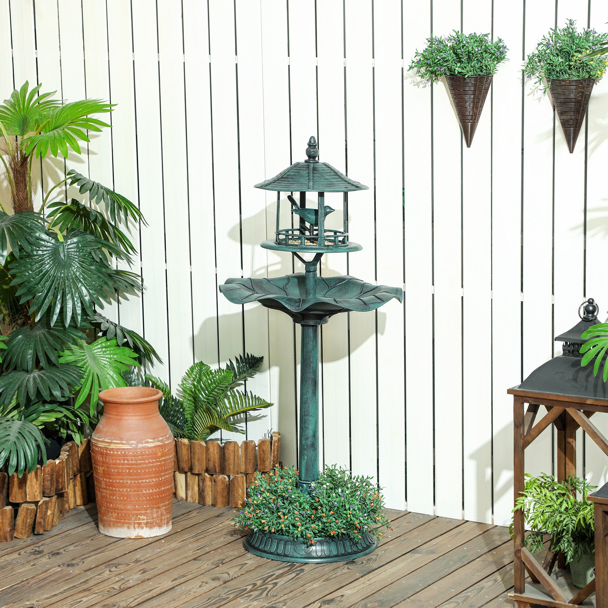 plastic parrot planter Outsunny Bird Bath Bowl, 3-in-1 Pedestal Birdbath with Bird Feeder and Flower Planter, Large Water Basin, Outdoor, Green