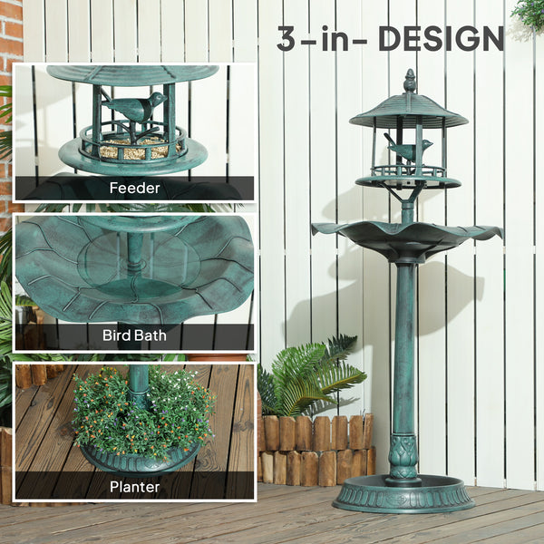 Outsunny 3-in-1 Garden Bird Bath Bowl Pedestal with Bird Feeder, Large Water Basin, Underneath Flower Planter, Green